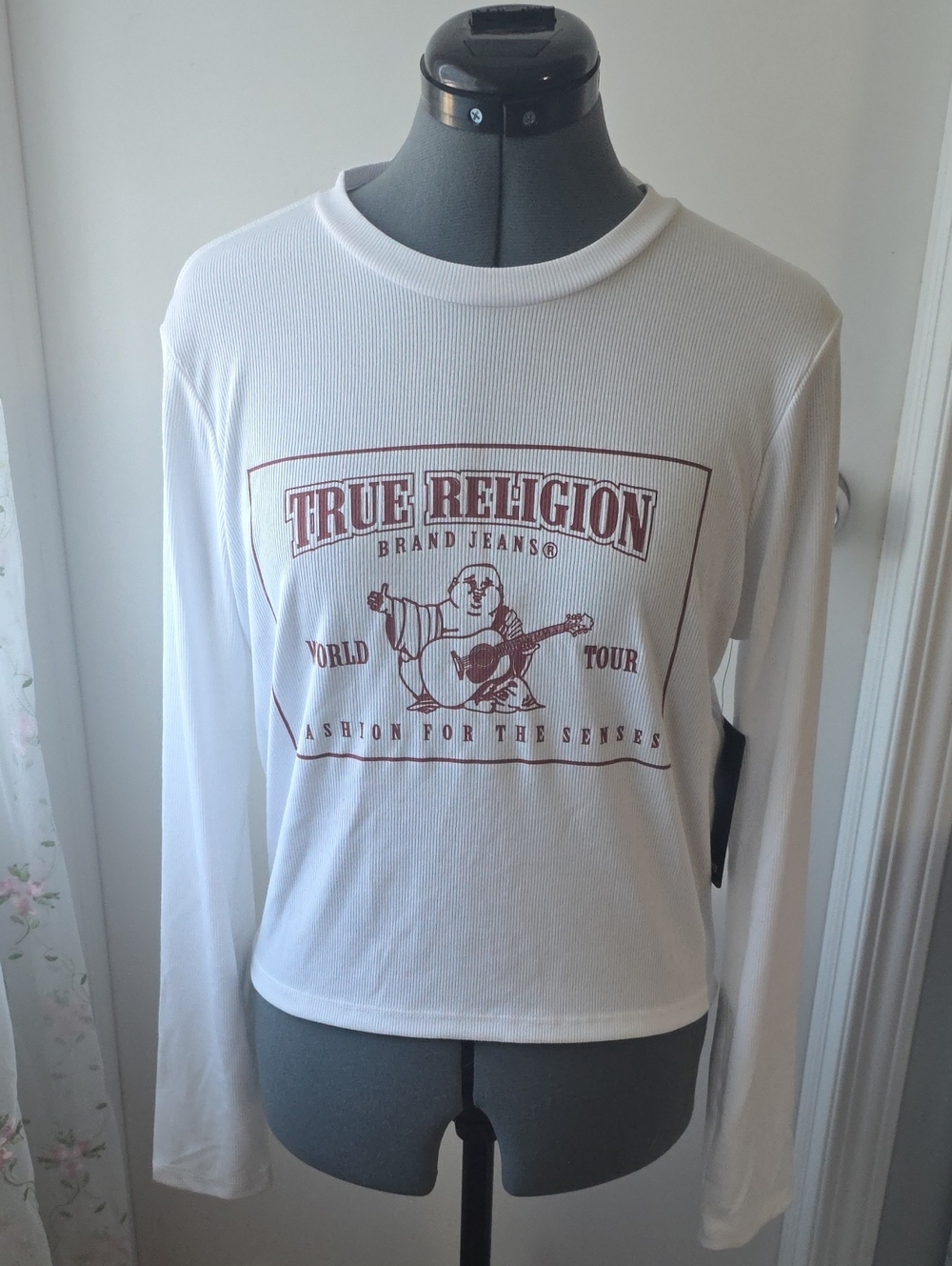 True Religion White Long-Sleeve Graphic Tee with Red Logo